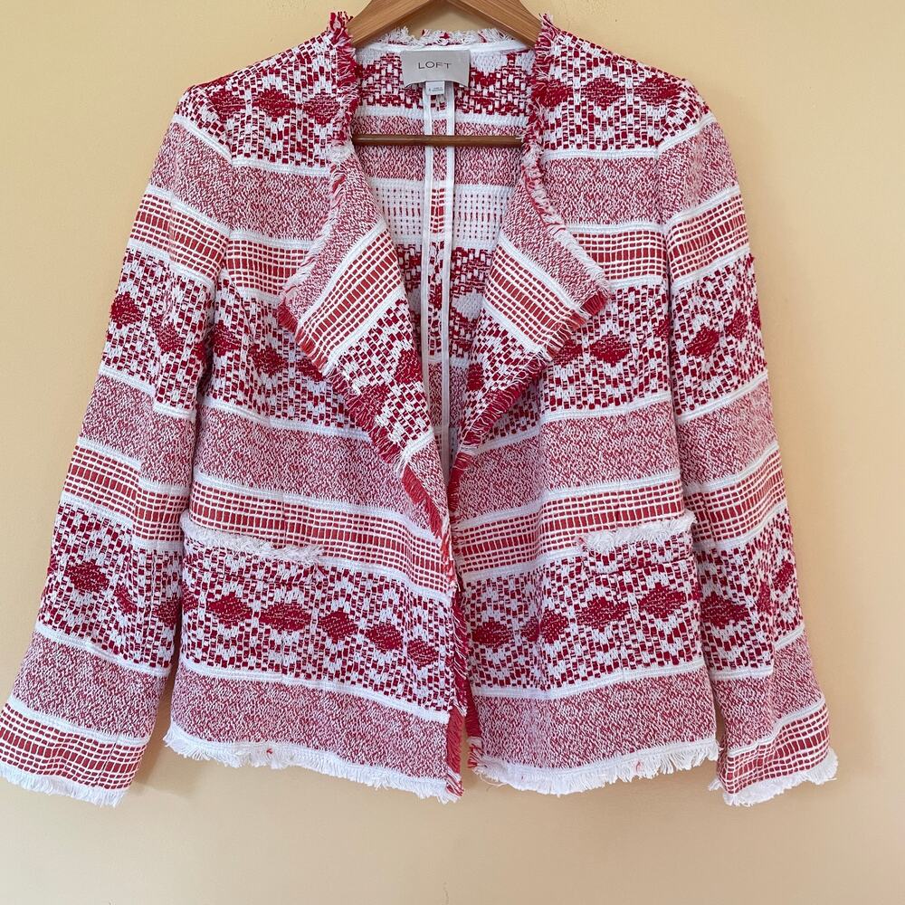 Ann Taylor LOFT Woven Fringe Jacket 4 S Red White Coastal Western Boho